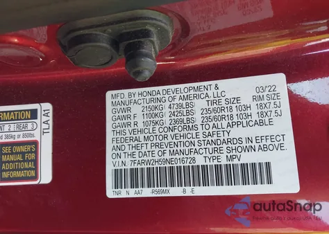 2022 Honda Cr-V Awd Ex z USA, uszkodzony, nr VIN 7FARW2H59NE016728